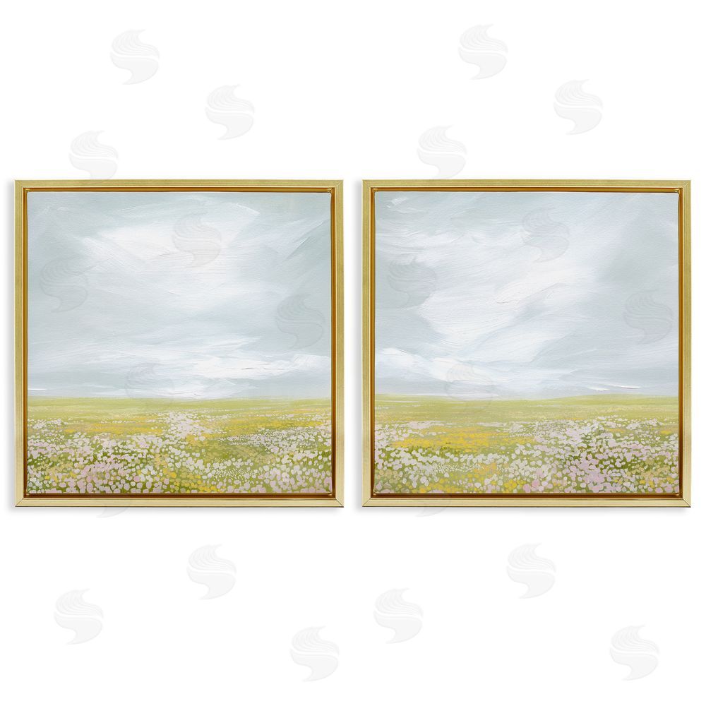 Grace Popp Flowering Field Wispy Clouds Gold Floating Frame Canvas Wall Art Print