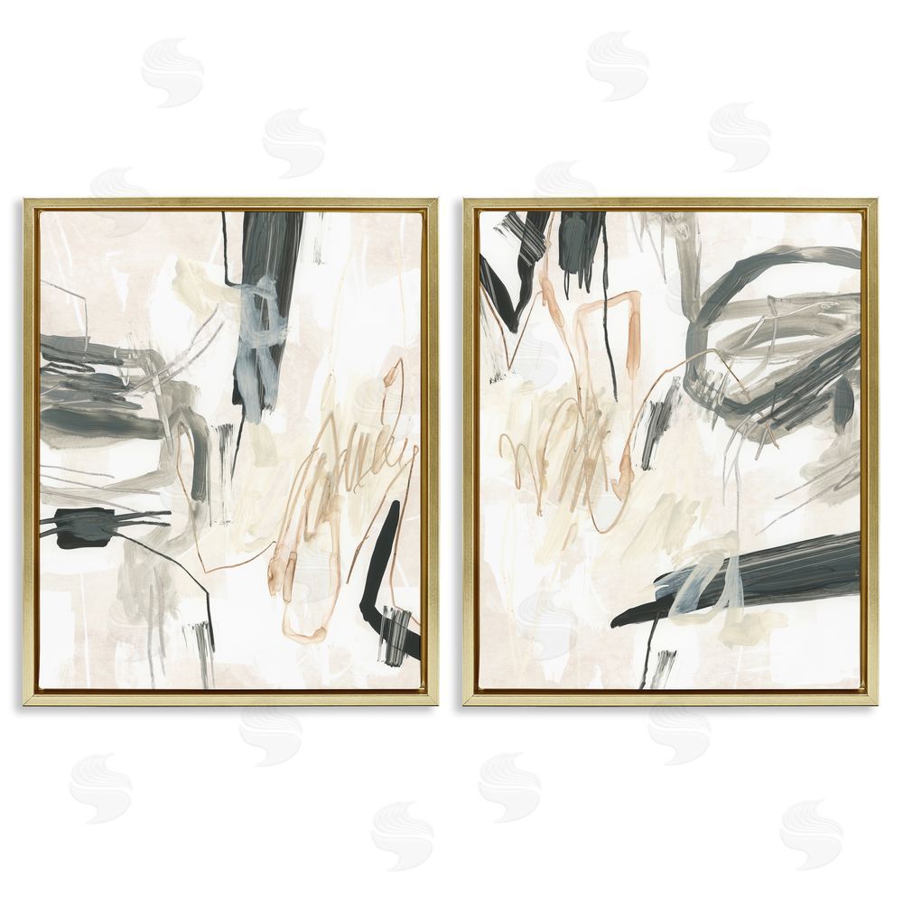 June Erica Vess Abstract Squiggly Beige Lines Gold Floating Frame Canvas Wall Art Print