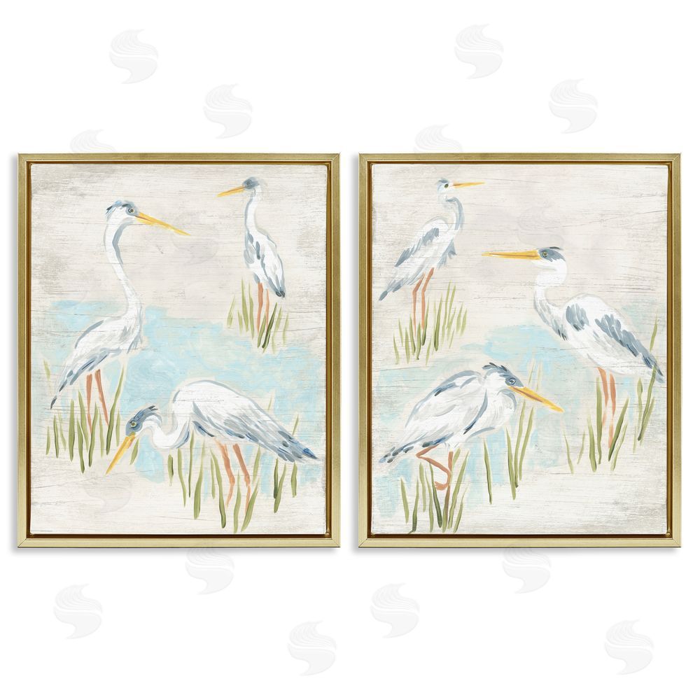 June Erica Vess Cranes in Marsh Pond Gold Floating Frame Canvas Wall Art Print