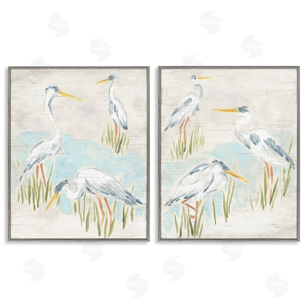 June Erica Vess Cranes in Marsh Pond Gray Framed Giclee Wall Art Print