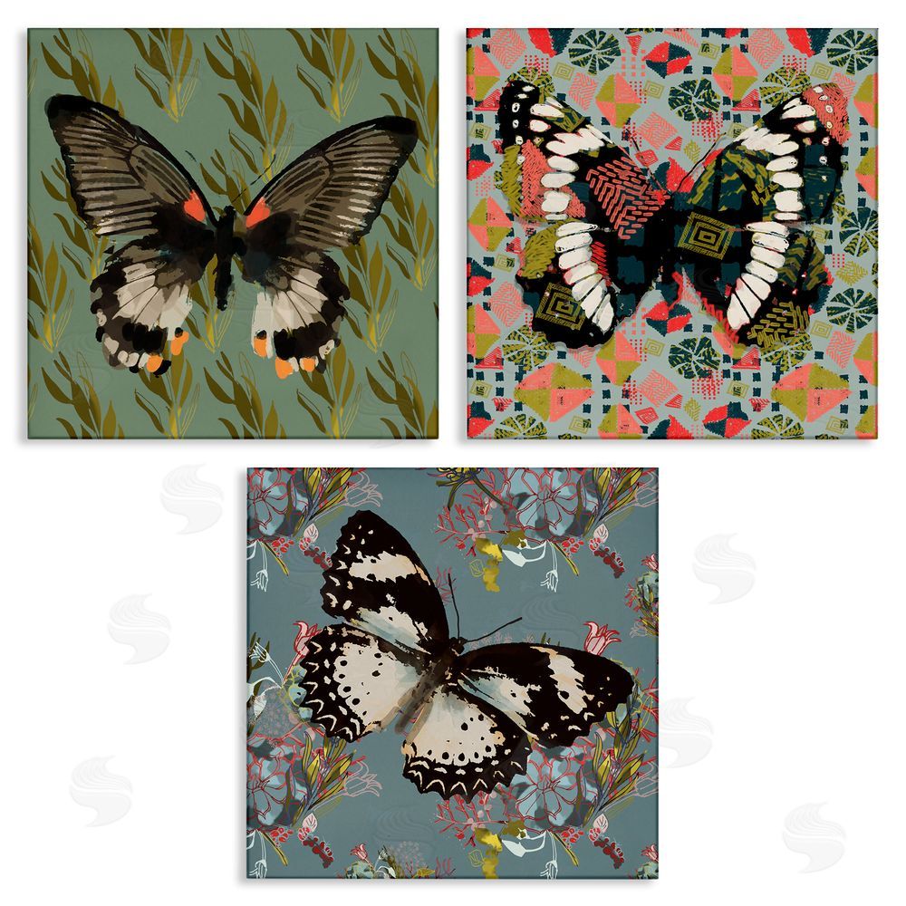 Karen Dreyfus Butterflies On Pink Blue Gold Patterns Canvas Wall Art Print