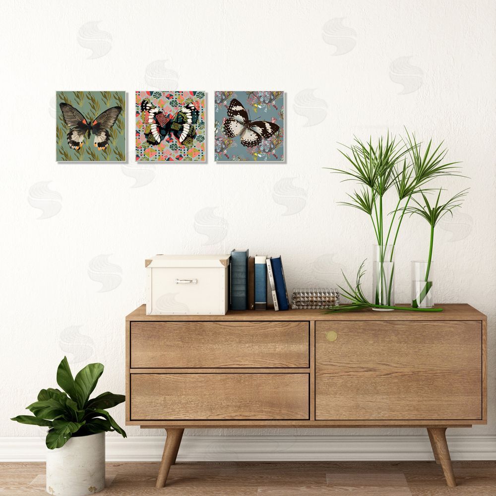 Karen Dreyfus Butterflies On Pink Blue Gold Patterns Canvas Wall Art Print in Room