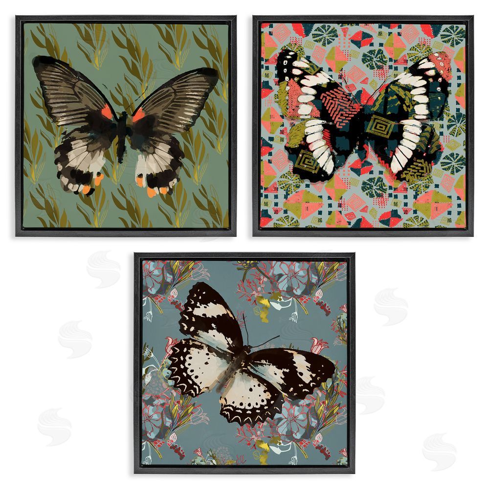 Karen Dreyfus Butterflies On Pink Blue Gold Patterns Black Floating Frame Canvas Wall Art Print
