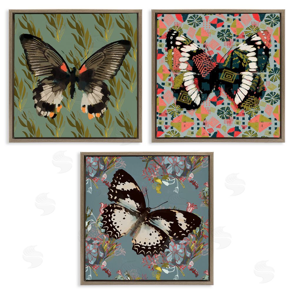 Karen Dreyfus Butterflies On Pink Blue Gold Patterns Brown Floating Frame Canvas Wall Art Print