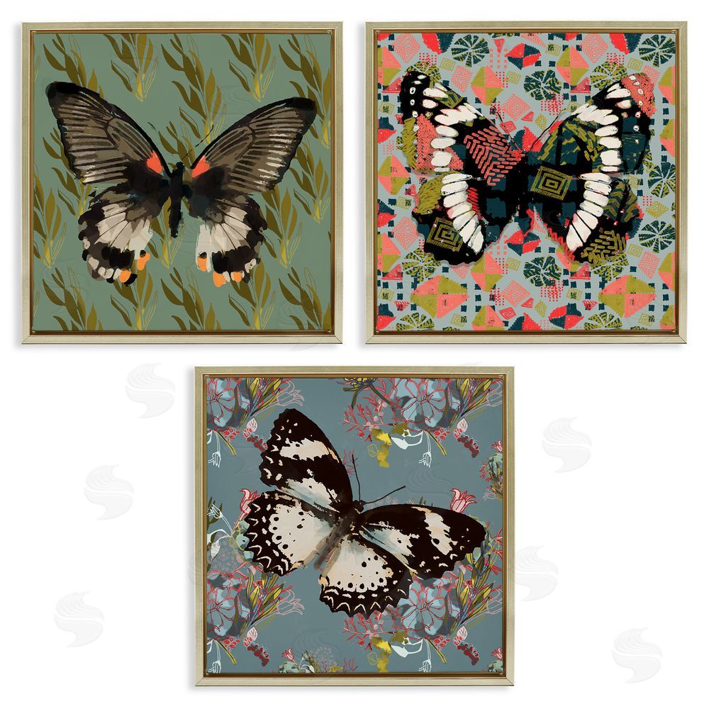 Karen Dreyfus Butterflies On Pink Blue Gold Patterns Gold Floating Frame Canvas Wall Art Print