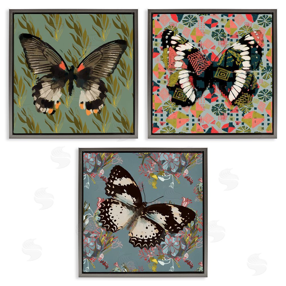 Karen Dreyfus Butterflies On Pink Blue Gold Patterns Gray Floating Frame Canvas Wall Art Print