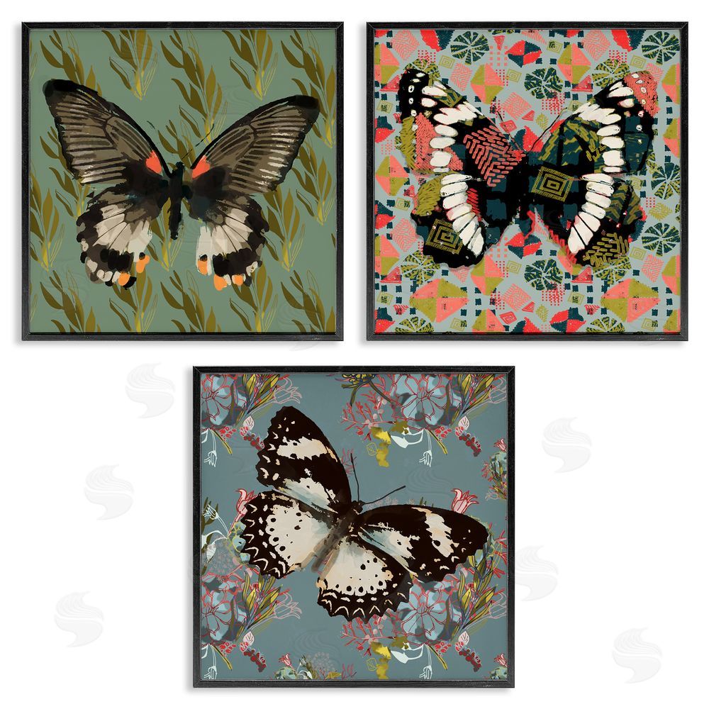 Karen Dreyfus Butterflies On Pink Blue Gold Patterns Black Framed Giclee Wall Art Print