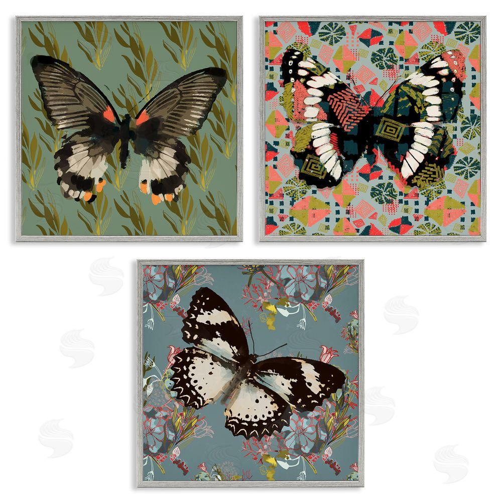 Karen Dreyfus Butterflies On Pink Blue Gold Patterns Gray Framed Giclee Wall Art Print