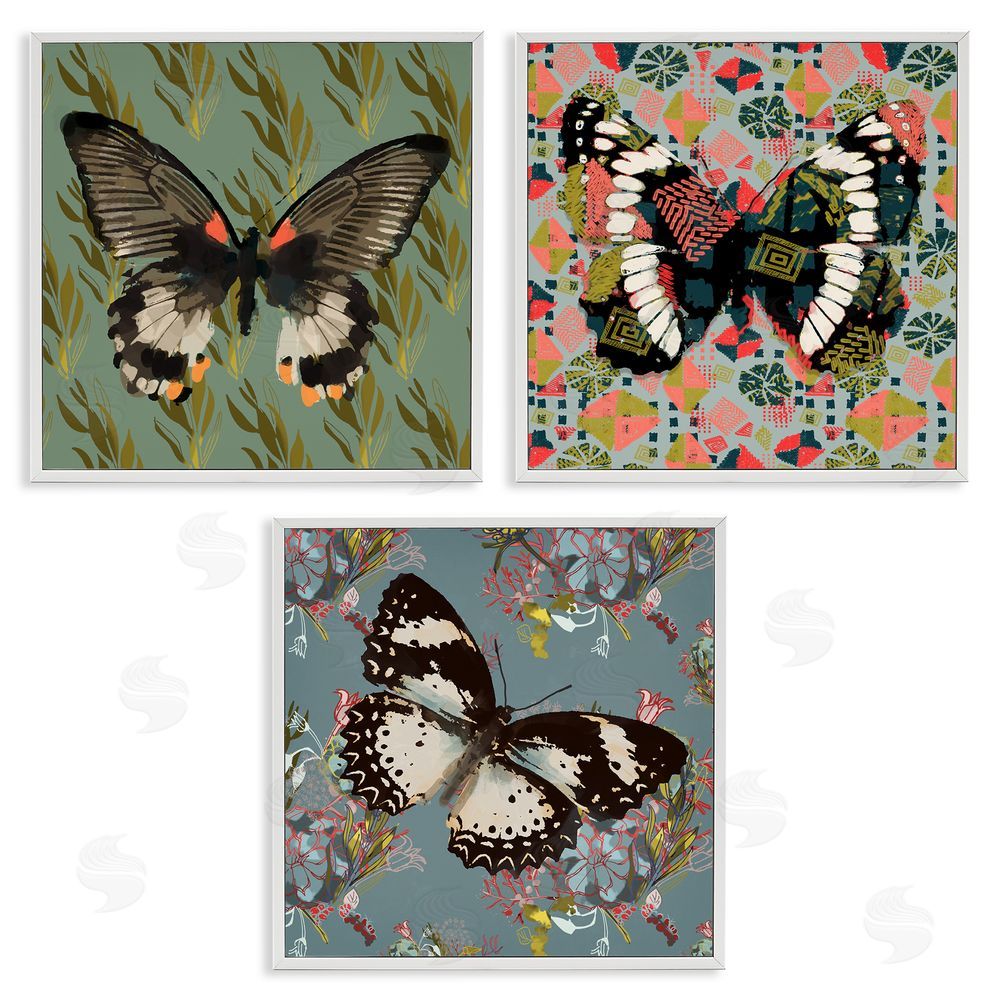 Karen Dreyfus Butterflies On Pink Blue Gold Patterns White Framed Giclee Wall Art Print