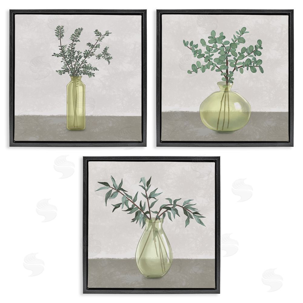 Ziwei Li Plants in Vase Neutral Grey Design Black Floating Frame Canvas Wall Art Print