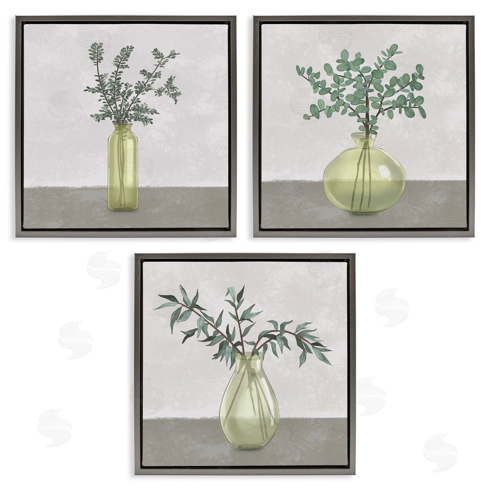 Ziwei Li Plants in Vase Neutral Grey Design Gray Floating Frame Canvas Wall Art Print