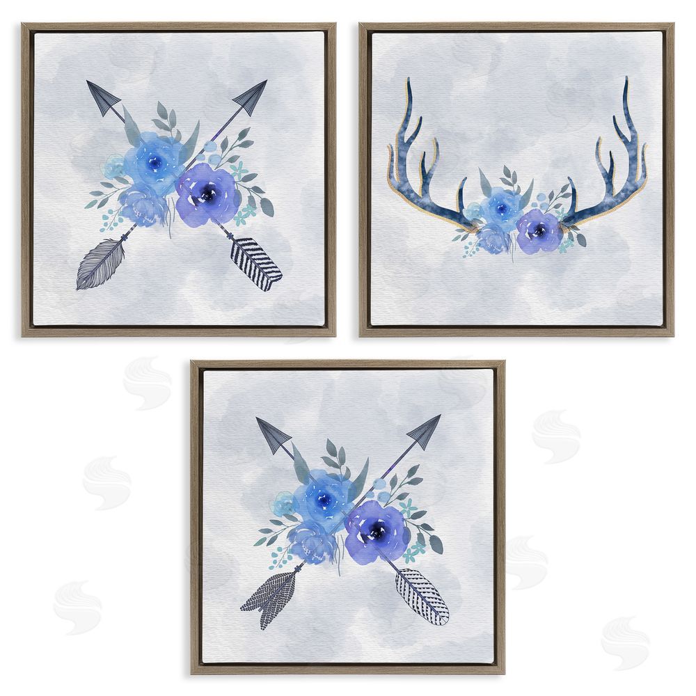 Ziwei Li Watercolor Blue Flowers Antler & Arrow Brown Floating Frame Canvas Wall Art Print