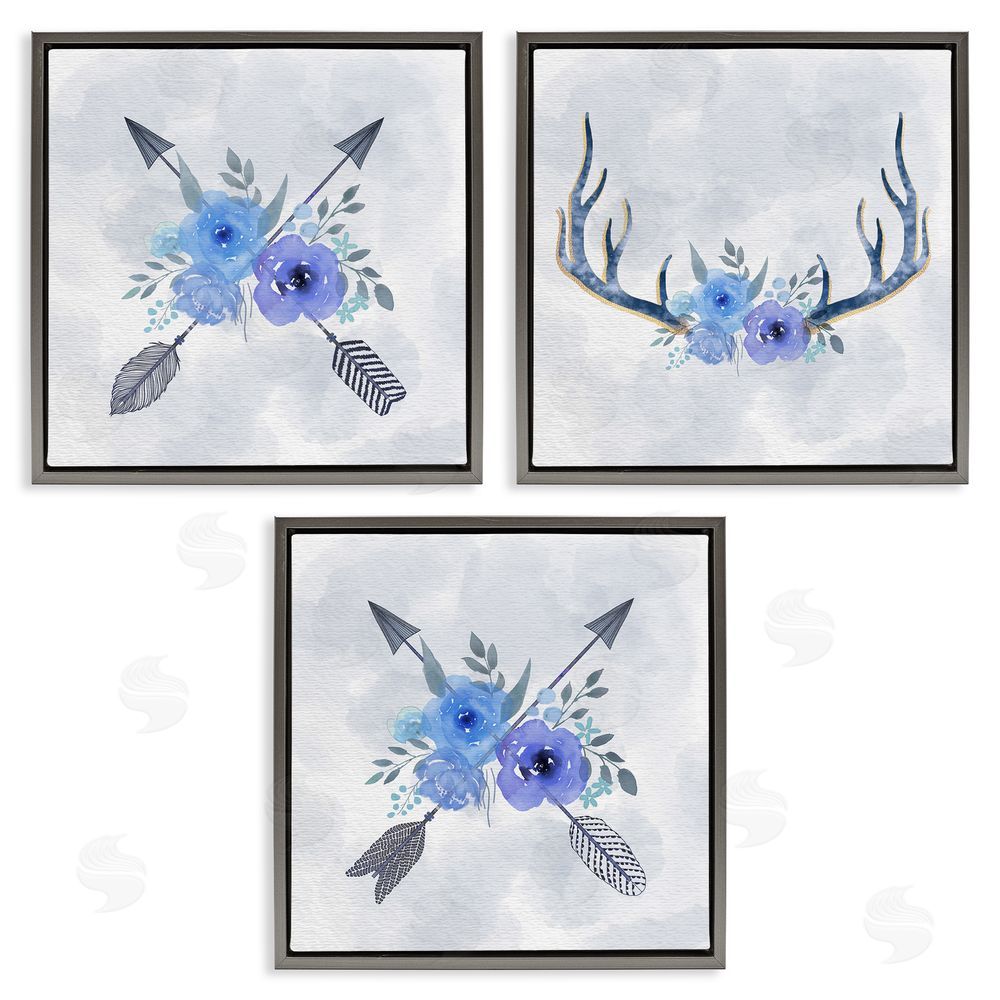 Ziwei Li Watercolor Blue Flowers Antler & Arrow Gray Floating Frame Canvas Wall Art Print