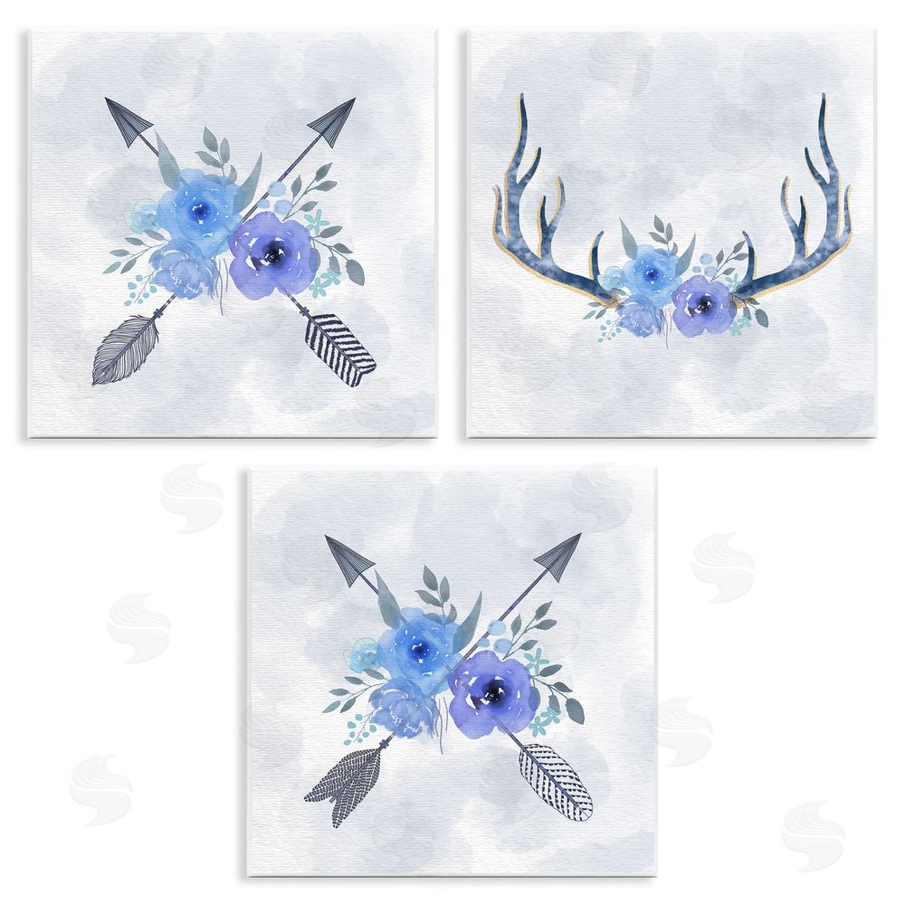 Ziwei Li Watercolor Blue Flowers Antler & Arrow Wooden Wall Plaque Art Print