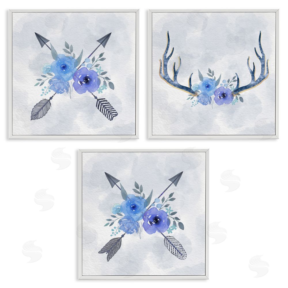 Ziwei Li Watercolor Blue Flowers Antler & Arrow White Framed Giclee Wall Art Print