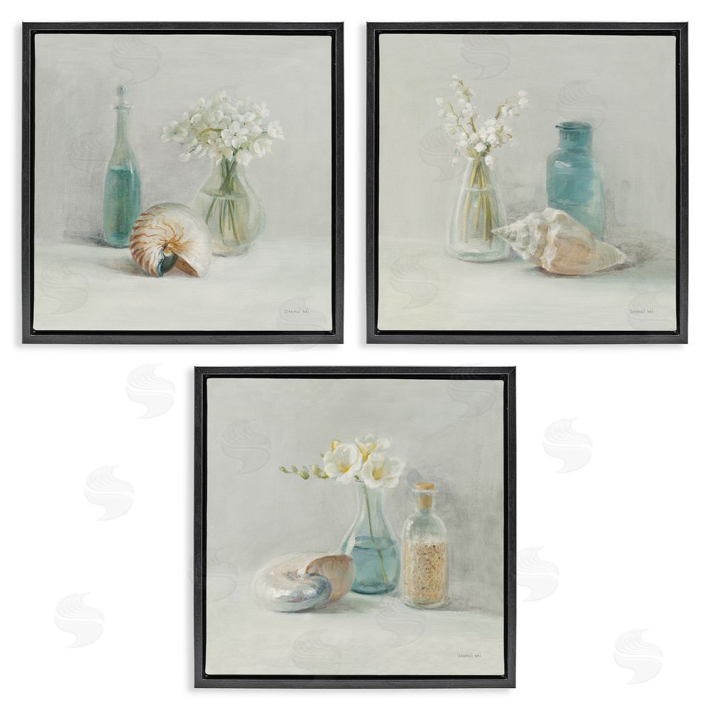 Danhui Nai Nautical Shells & Florals Soft Jars Still Life Black Floating Frame Canvas Wall Art Print