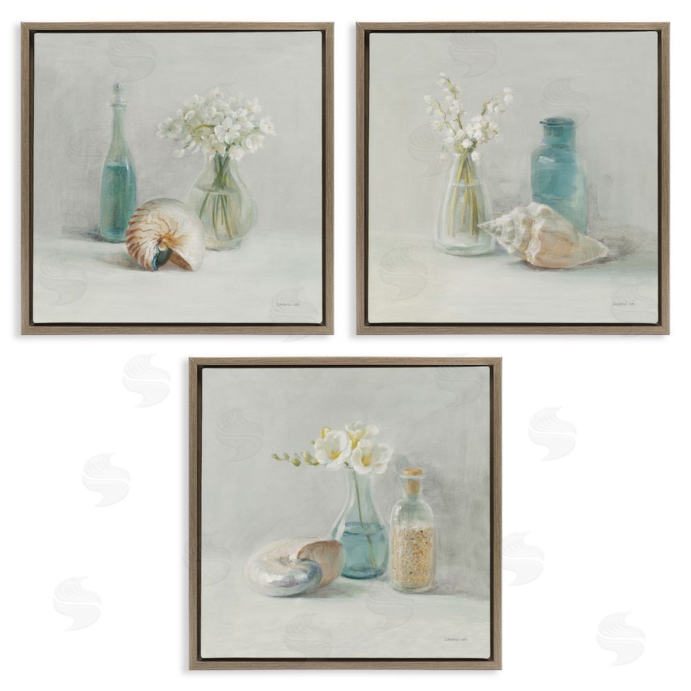 Danhui Nai Nautical Shells & Florals Soft Jars Still Life Brown Floating Frame Canvas Wall Art Print