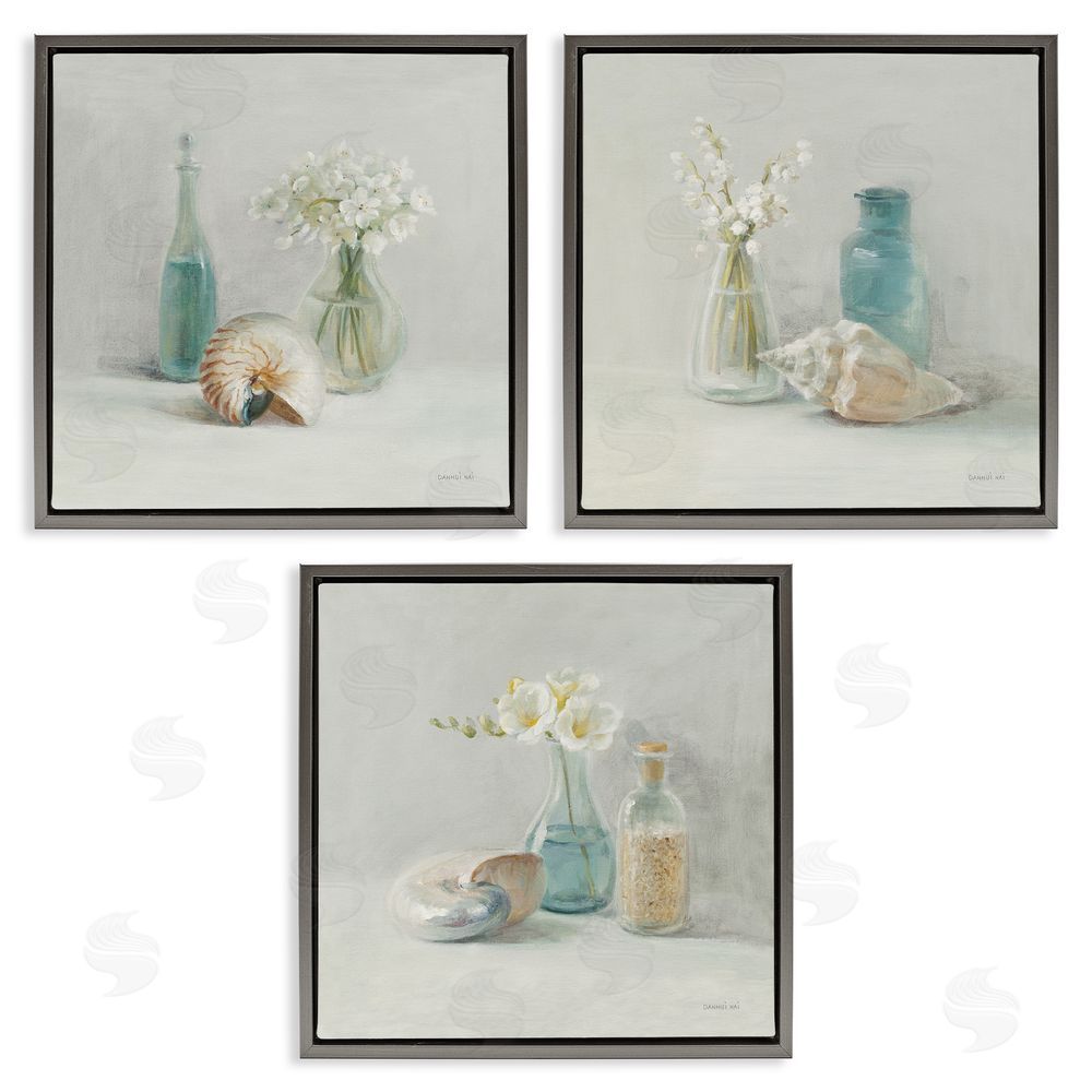 Danhui Nai Nautical Shells & Florals Soft Jars Still Life Gray Floating Frame Canvas Wall Art Print