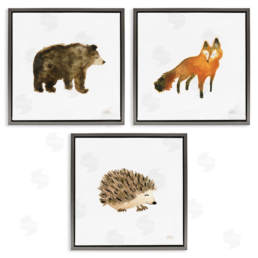 Laura Marshall Whimsical Forest Animal Watercolors Gray Floating Frame Canvas Wall Art Print