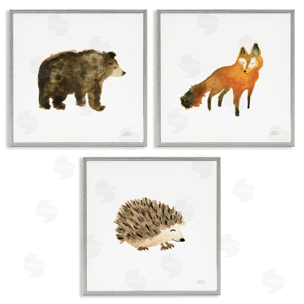 Laura Marshall Whimsical Forest Animal Watercolors Gray Framed Giclee Wall Art Print