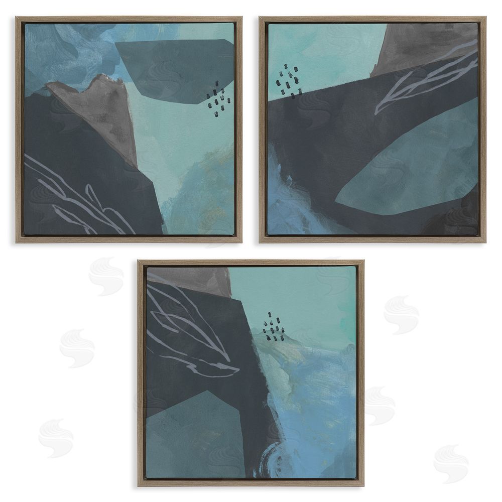 Jacob Green Abstract Coastal Rocks Expressive Blue Grey Brown Floating Frame Canvas Wall Art Print
