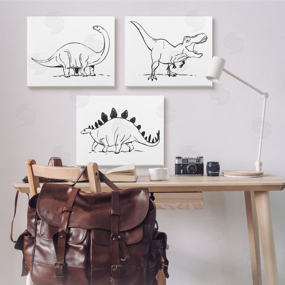 Stupell Studio Dinosaurs Marching Line Drawing Minimal Black White Canvas Wall Art Print in Room