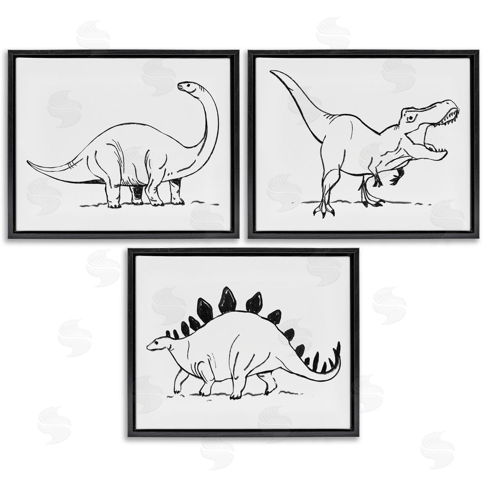 Stupell Studio Dinosaurs Marching Line Drawing Minimal Black White Black Floating Frame Canvas Wall Art Print