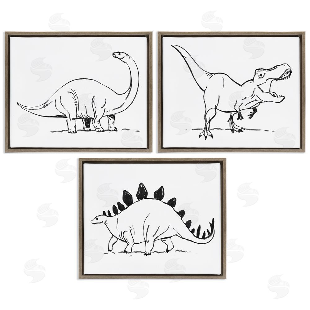 Stupell Studio Dinosaurs Marching Line Drawing Minimal Black White Brown Floating Frame Canvas Wall Art Print