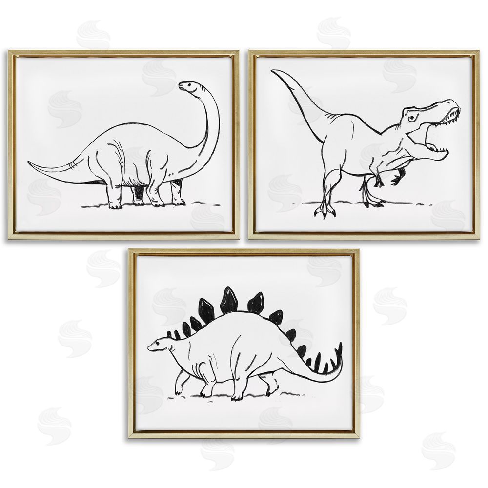 Stupell Studio Dinosaurs Marching Line Drawing Minimal Black White Gold Floating Frame Canvas Wall Art Print