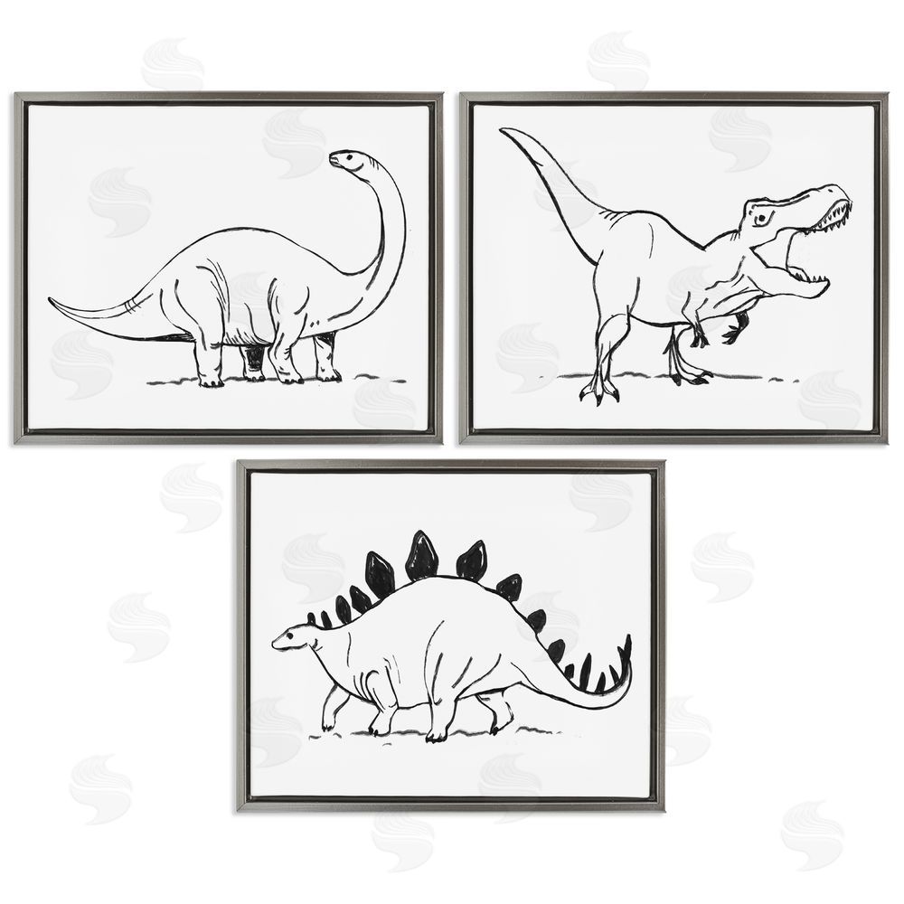 Stupell Studio Dinosaurs Marching Line Drawing Minimal Black White Gray Floating Frame Canvas Wall Art Print