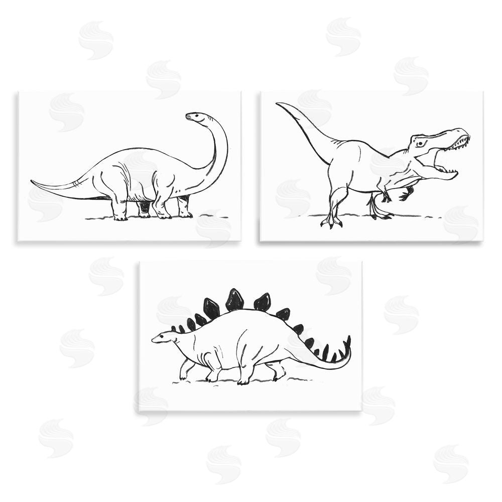 Stupell Studio Dinosaurs Marching Line Drawing Minimal Black White Wooden Wall Plaque Art Print
