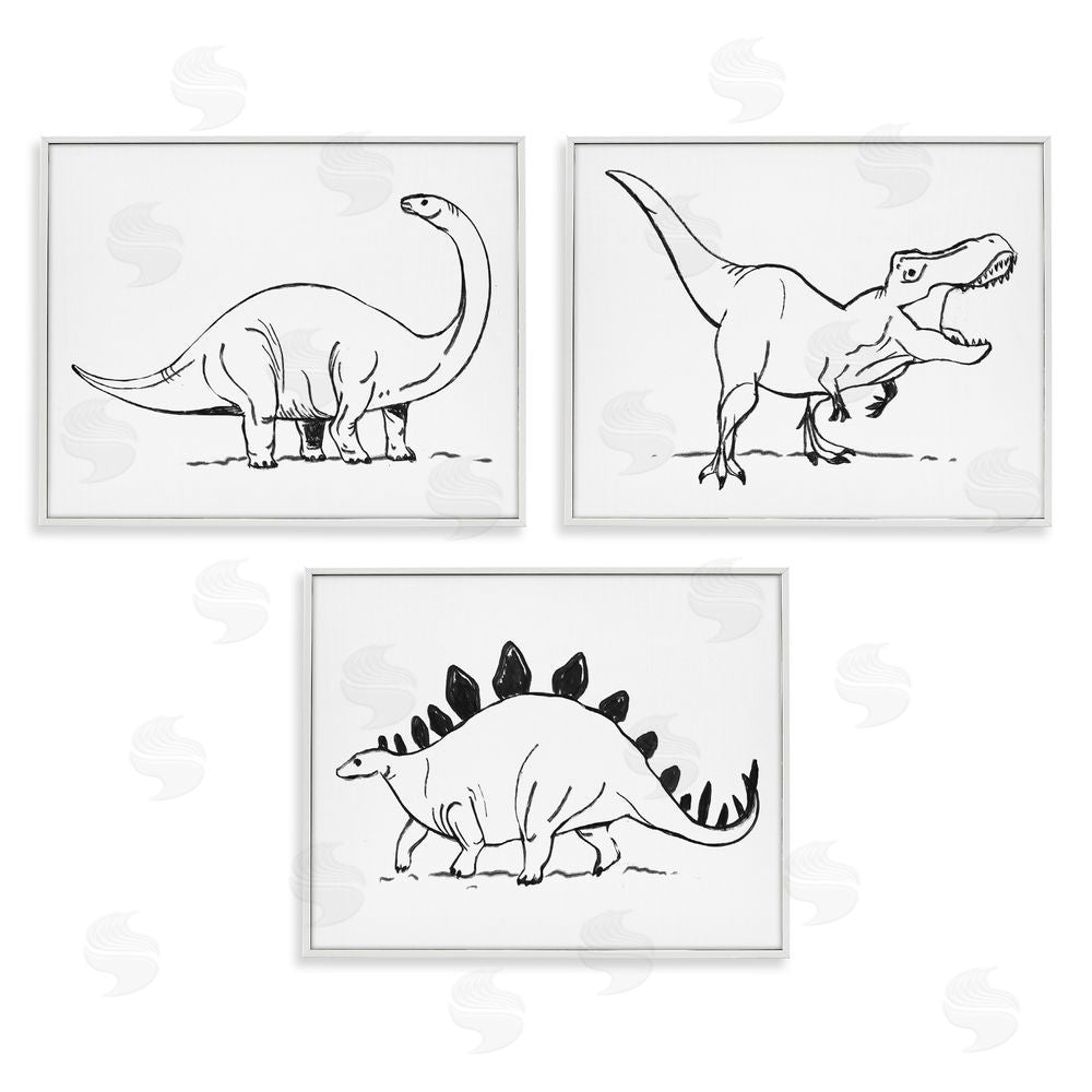 Stupell Studio Dinosaurs Marching Line Drawing Minimal Black White White Framed Giclee Wall Art Print