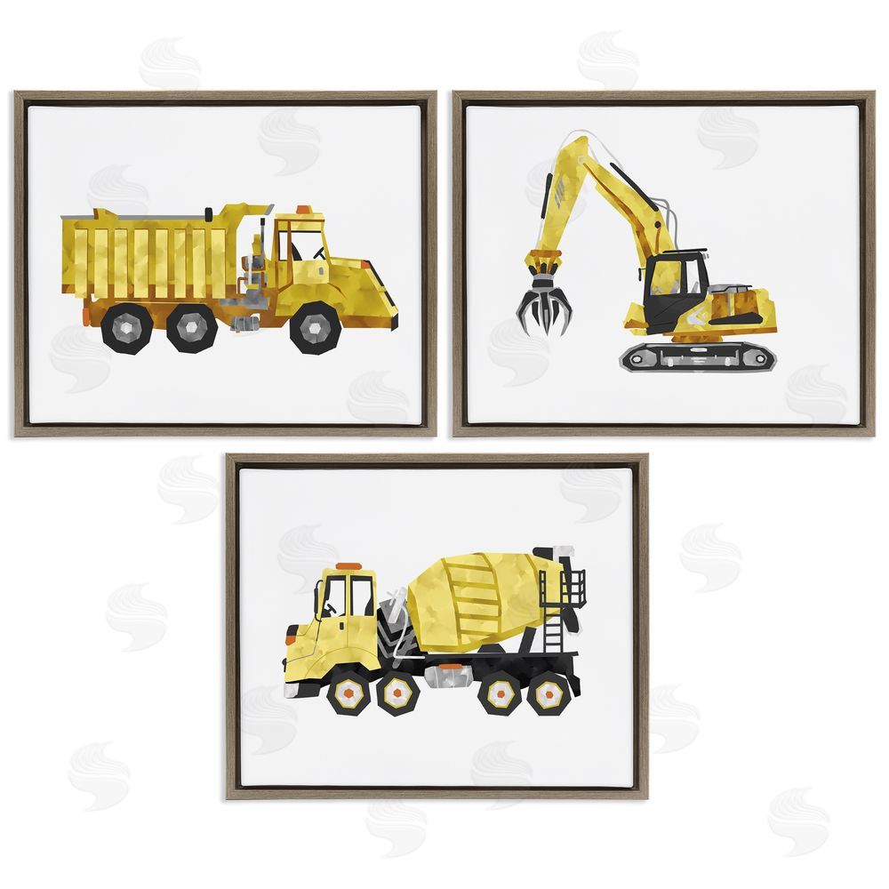 Ziwei Li Playful Construction Truck Vehicles Brown Floating Frame Canvas Wall Art Print
