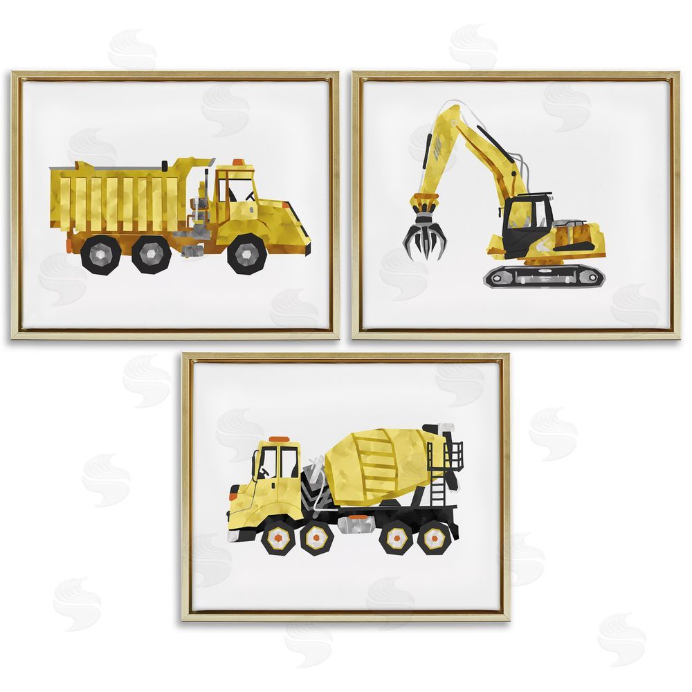 Ziwei Li Playful Construction Truck Vehicles Gold Floating Frame Canvas Wall Art Print