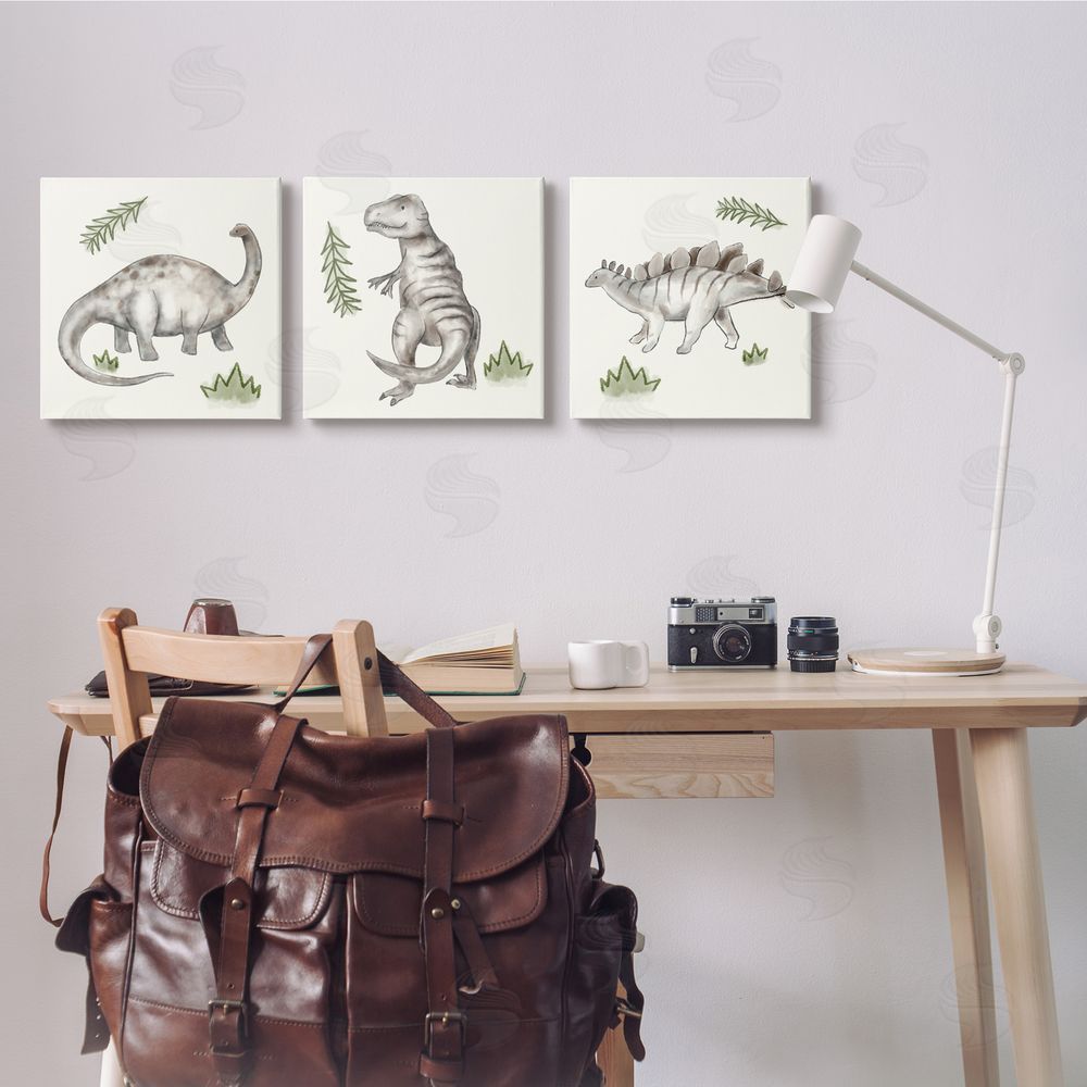 Stupell Studio Playful Grey Dinosaurs & Green Plants Canvas Wall Art Print in Room