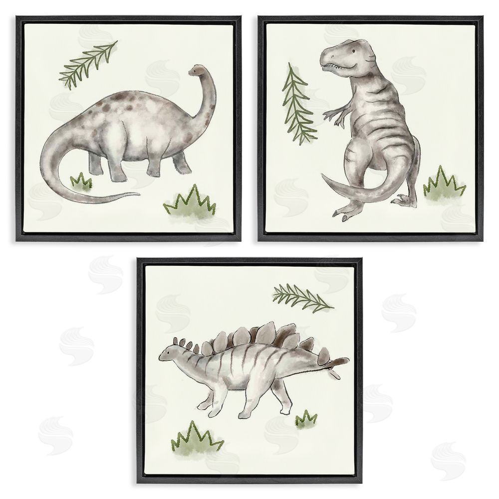 Stupell Studio Playful Grey Dinosaurs & Green Plants Black Floating Frame Canvas Wall Art Print