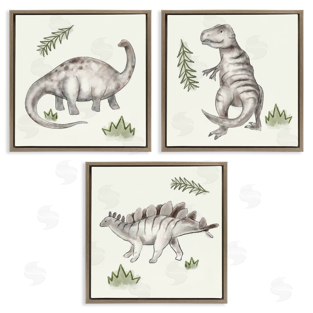 Stupell Studio Playful Grey Dinosaurs & Green Plants Brown Floating Frame Canvas Wall Art Print