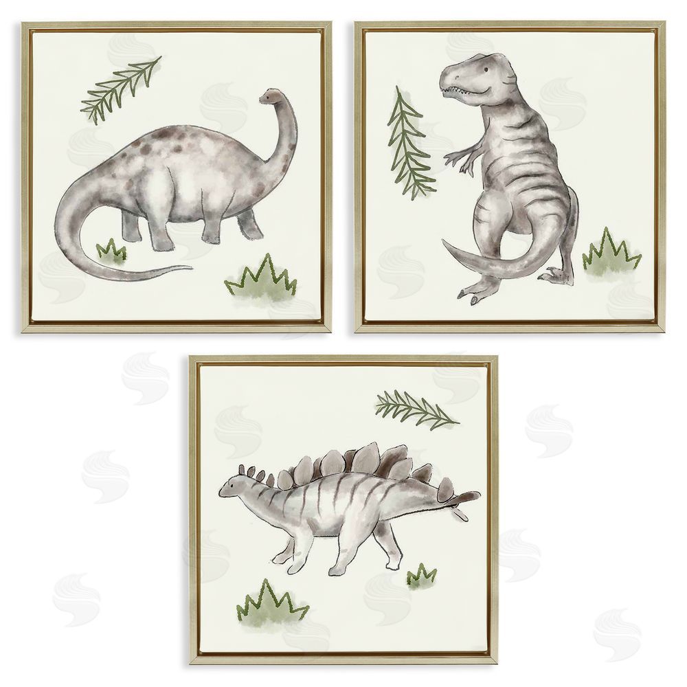 Stupell Studio Playful Grey Dinosaurs & Green Plants Gold Floating Frame Canvas Wall Art Print