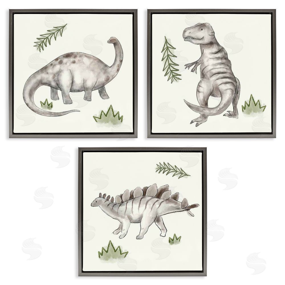 Stupell Studio Playful Grey Dinosaurs & Green Plants Gray Floating Frame Canvas Wall Art Print