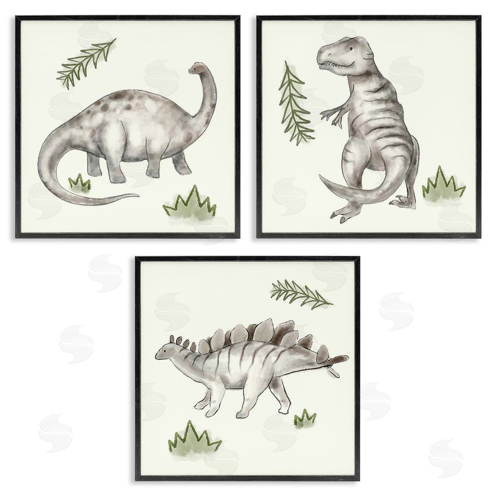 Stupell Studio Playful Grey Dinosaurs & Green Plants Black Framed Giclee Wall Art Print