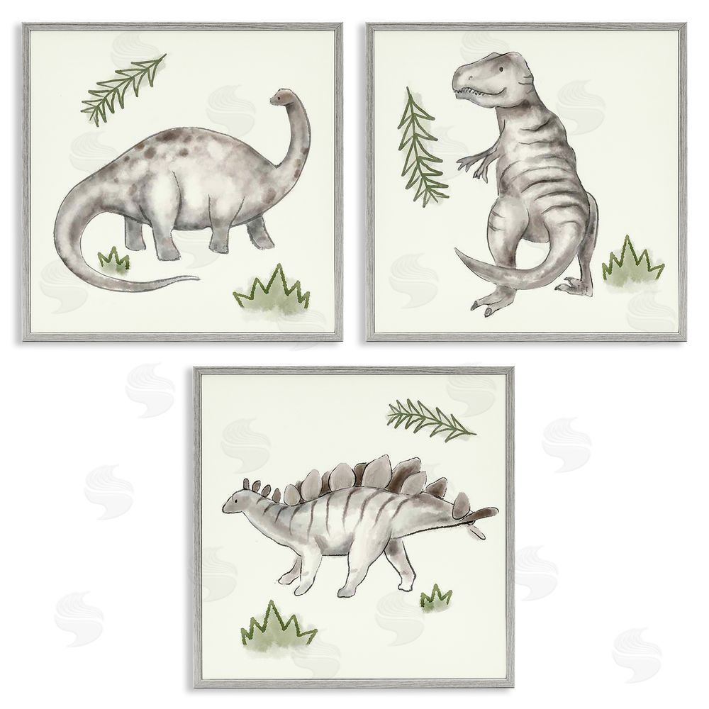 Stupell Studio Playful Grey Dinosaurs & Green Plants Gray Framed Giclee Wall Art Print