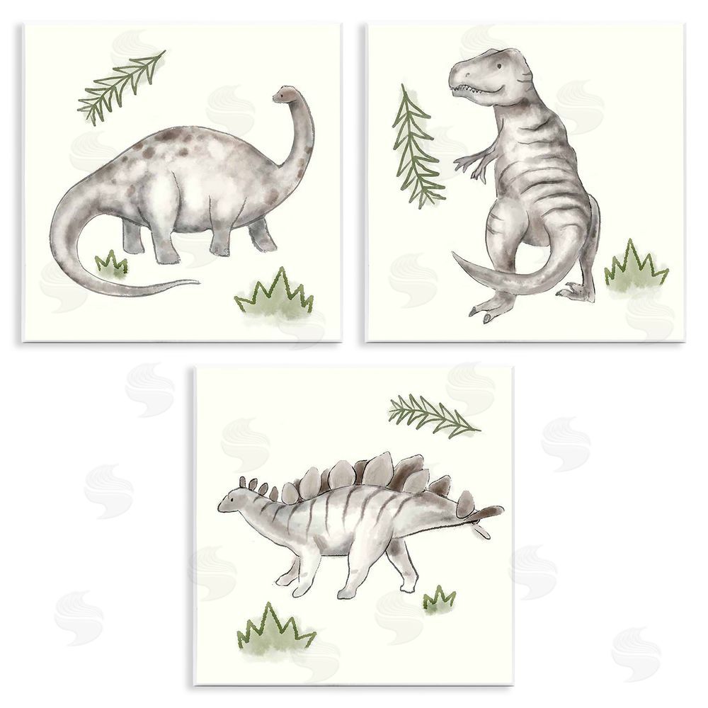 Stupell Studio Playful Grey Dinosaurs & Green Plants Wooden Wall Plaque Art Print