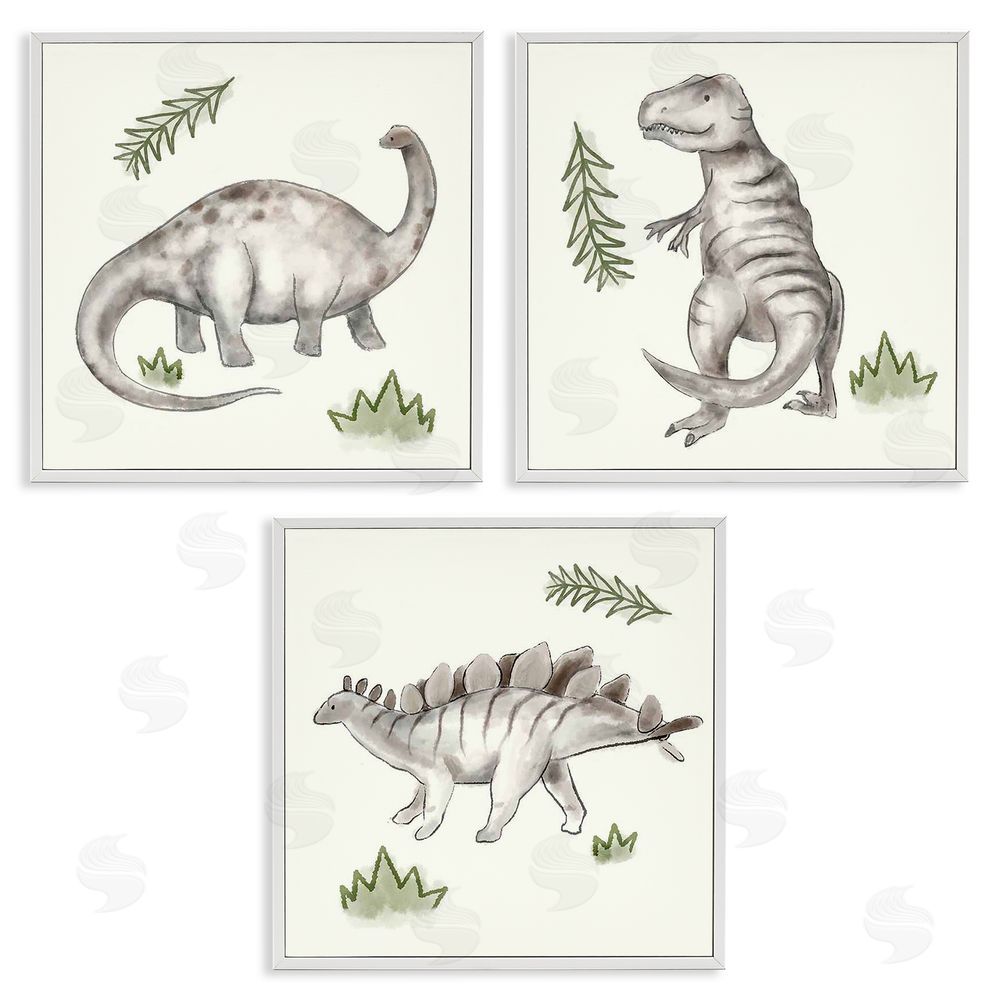 Stupell Studio Playful Grey Dinosaurs & Green Plants White Framed Giclee Wall Art Print
