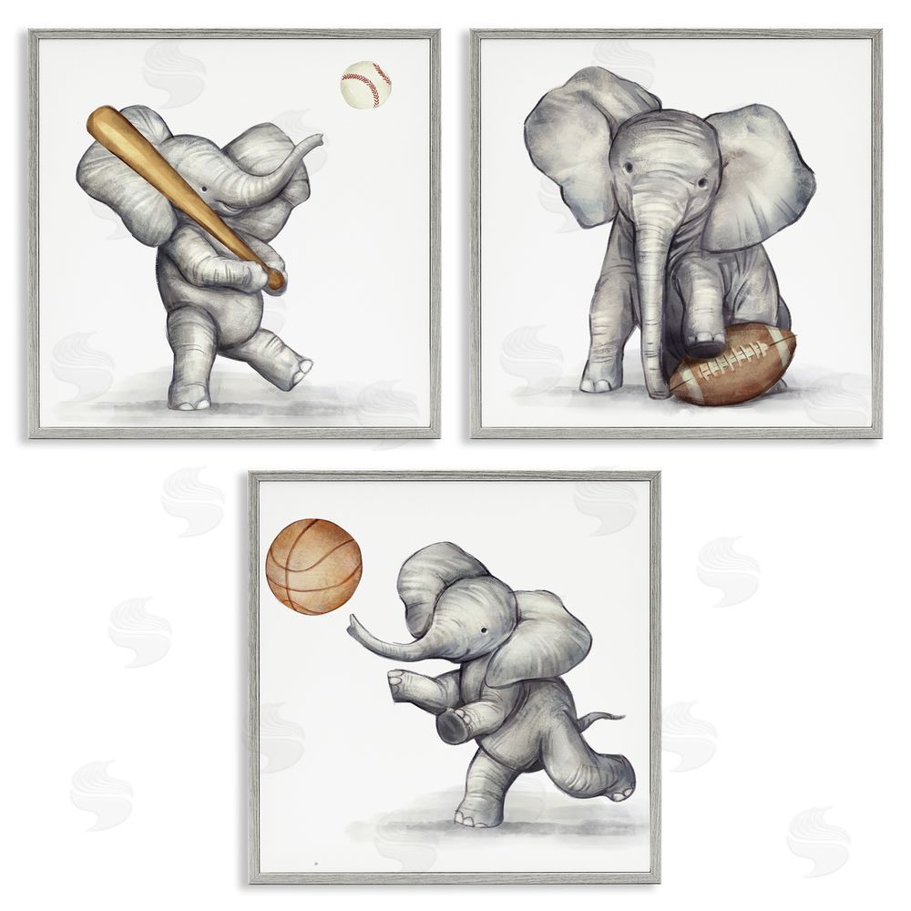 Ziwei Li Baby Elephant Athlete Playing Sports Gray Framed Giclee Wall Art Print