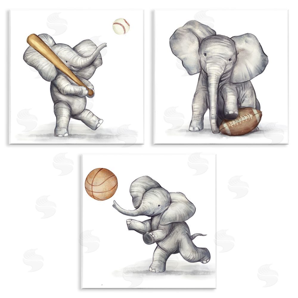 Ziwei Li Baby Elephant Athlete Playing Sports Wooden Wall Plaque Art Print