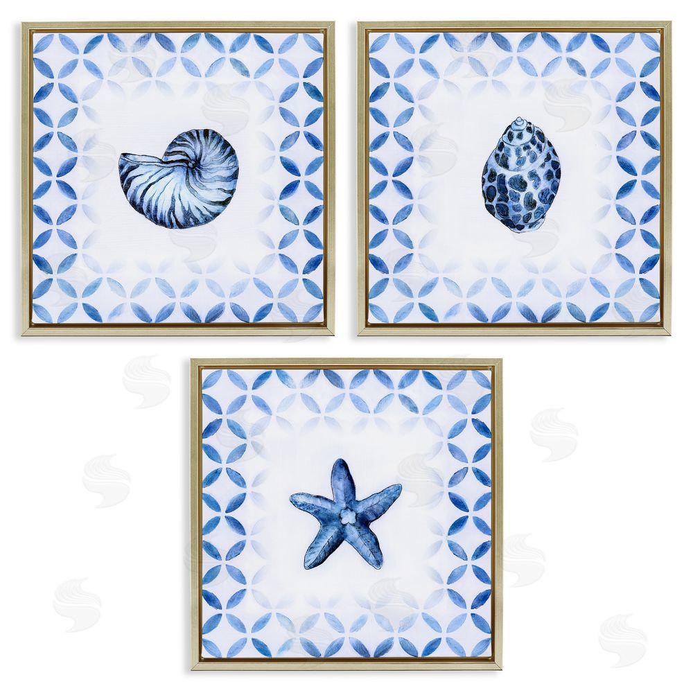 Tava Studios Nautilus Spiral Shell Starfish Blue Aquatics Gold Floating Frame Canvas Wall Art Print