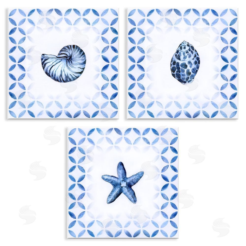 Tava Studios Nautilus Spiral Shell Starfish Blue Aquatics Wooden Wall Plaque Art Print
