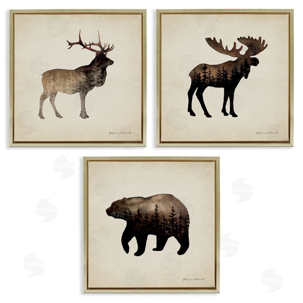 Stephanie Workman Marrott Woodland Animal Forest Silhouettes Gold Floating Frame Canvas Wall Art Print