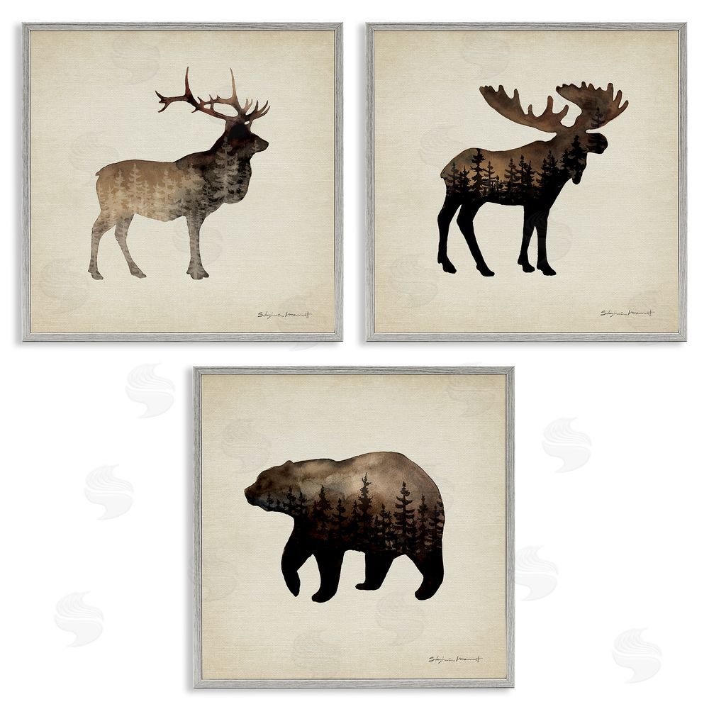 Stephanie Workman Marrott Woodland Animal Forest Silhouettes Gray Framed Giclee Wall Art Print
