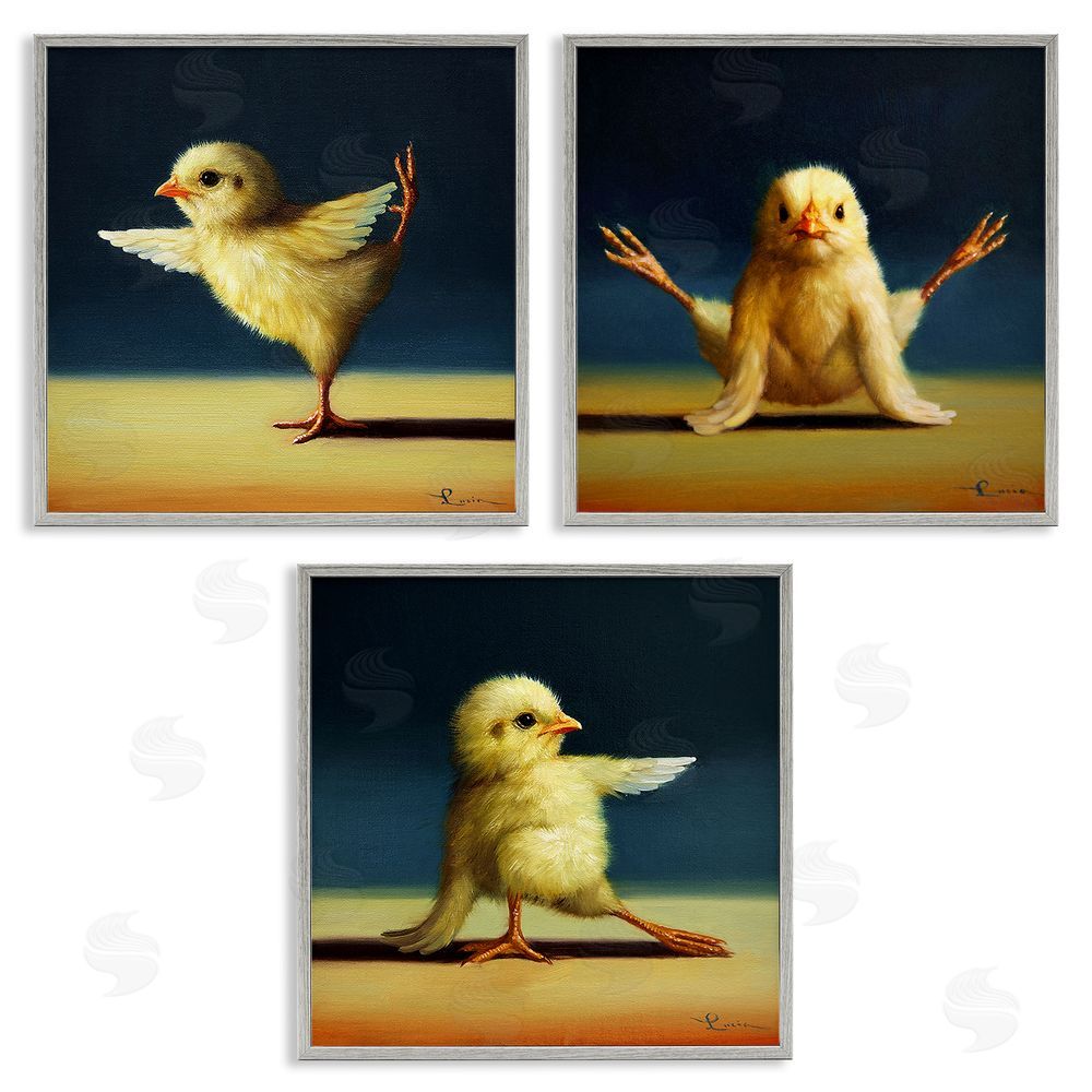 Lucia Heffernan Funny Yoga Chick Trio Farm Birds Stretching Poses Gray Framed Giclee Wall Art Print